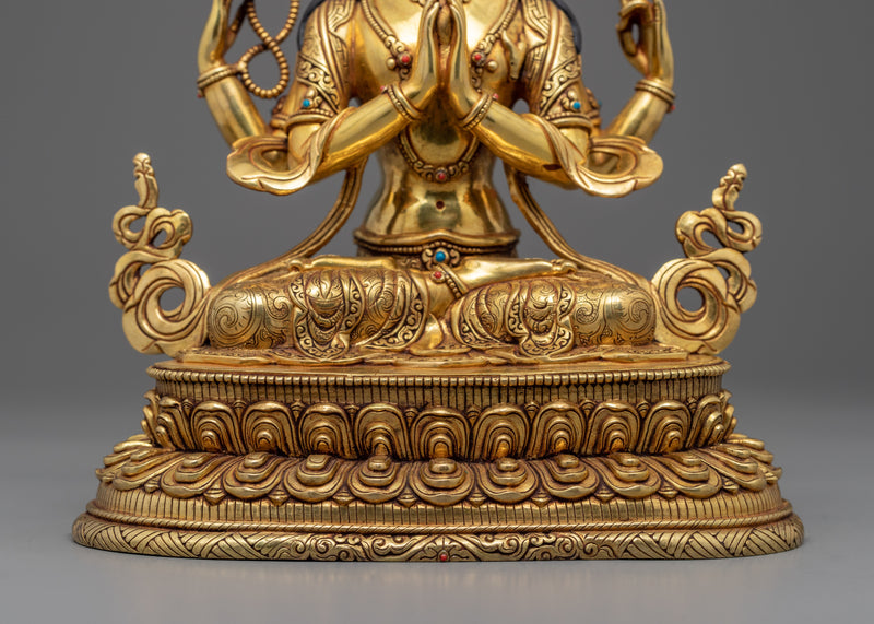 Buddhist Four-Arm Chenresig Statue | 24K Gold Hand-Carved Sculpture