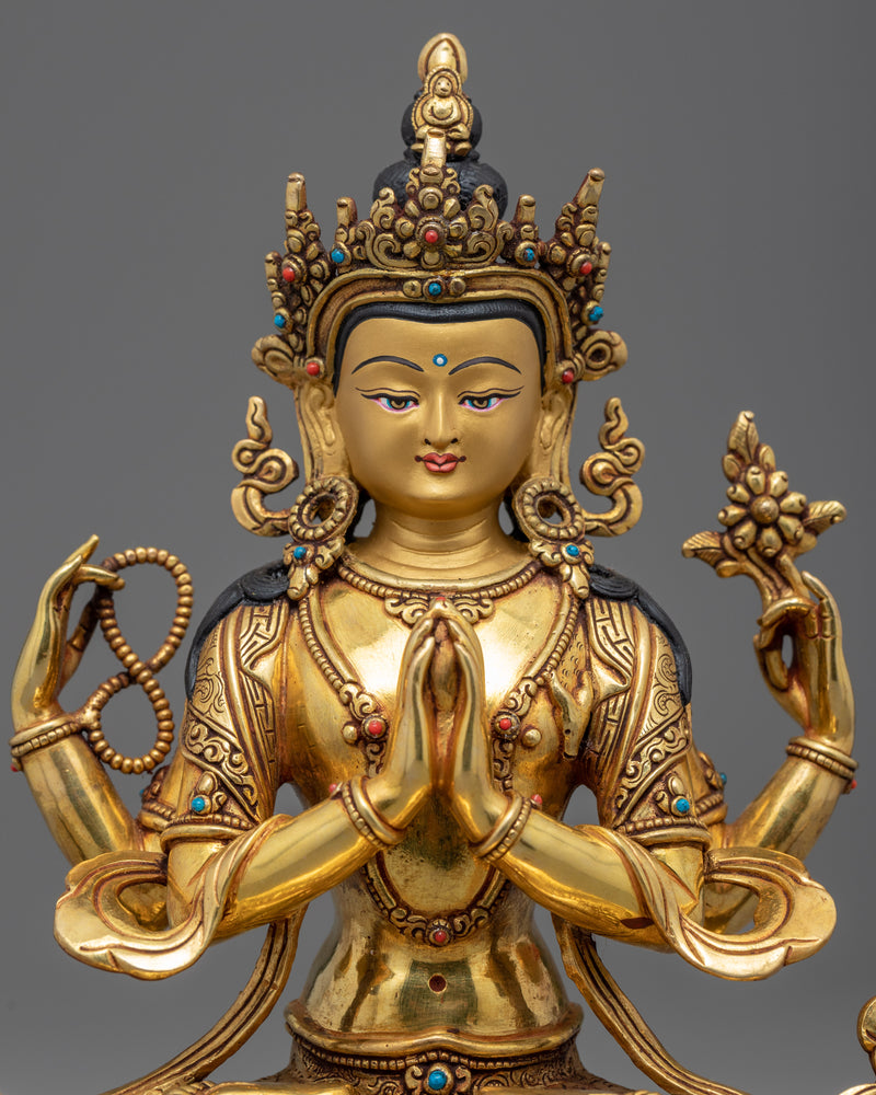 Buddhist Four-Arm Chenresig Statue | 24K Gold Hand-Carved Sculpture