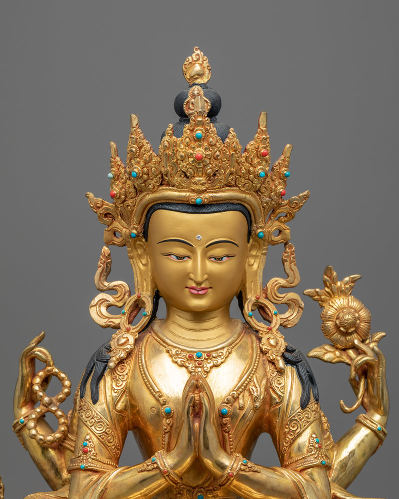 Deity of Compassion | 24K Golden Statue of Chenrezig