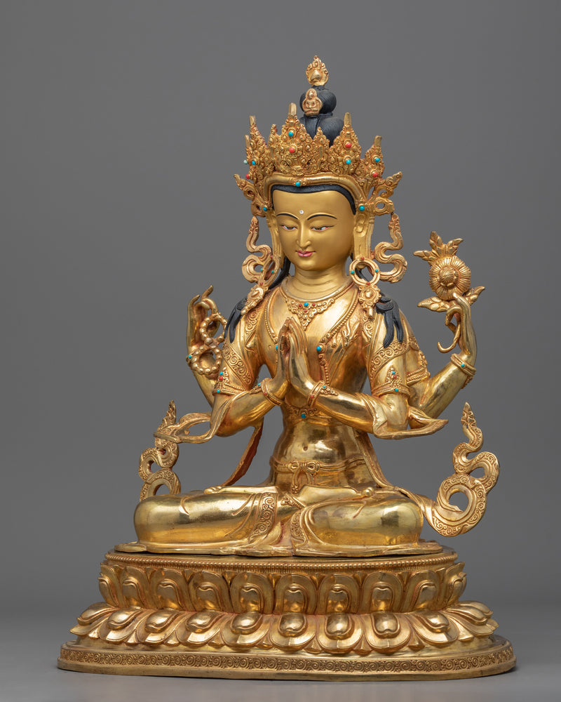 Deity of Compassion | 24K Golden Statue of Chenrezig