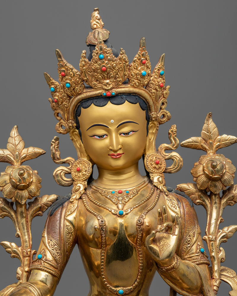 Green Tara Buddha Statue | Tibetan Art Plated with Gold