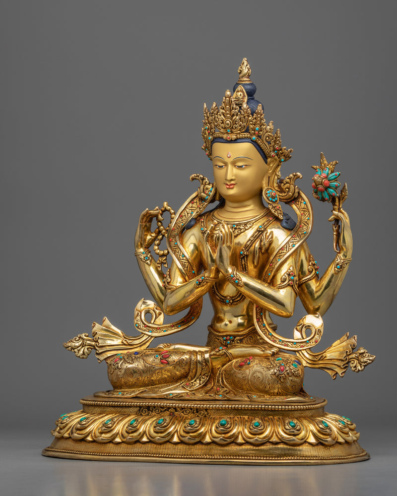 Avalokitesvara Bodhisattva Statue | Gold Plated Himalayan Art