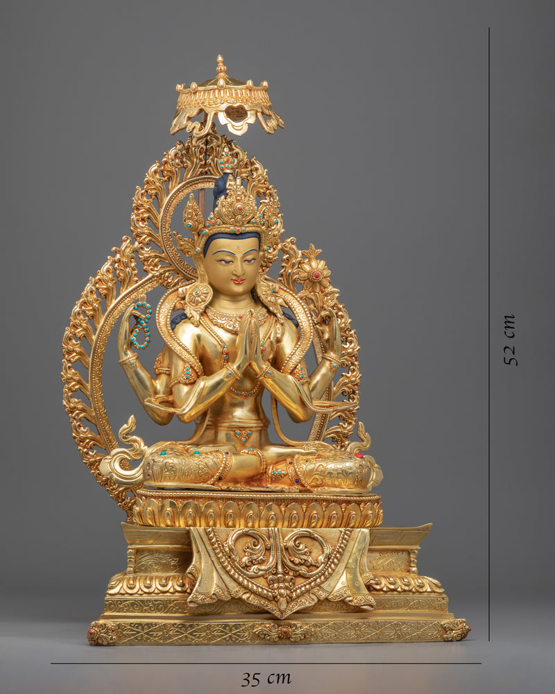 Tibetan Chenrezig Statue | Traditionally Gold Gilded Artwork