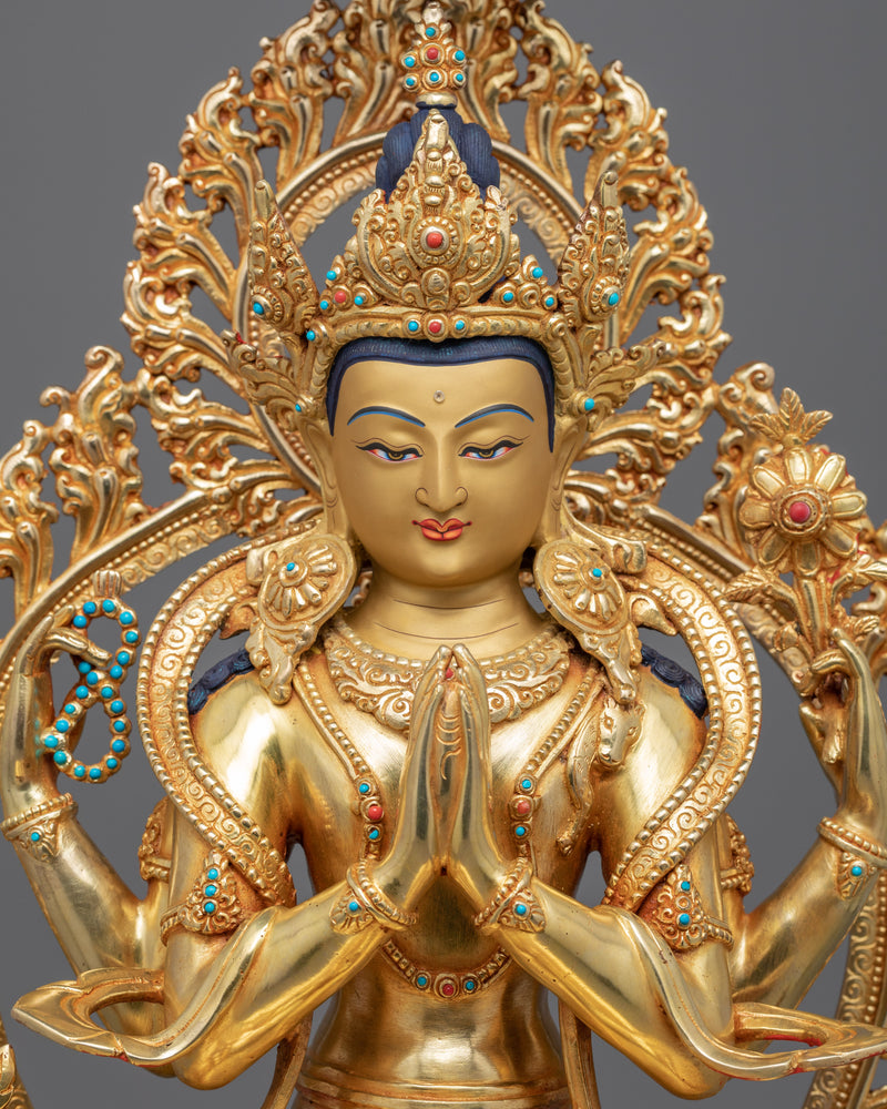 Tibetan Chenrezig Statue | Traditionally Gold Gilded Artwork