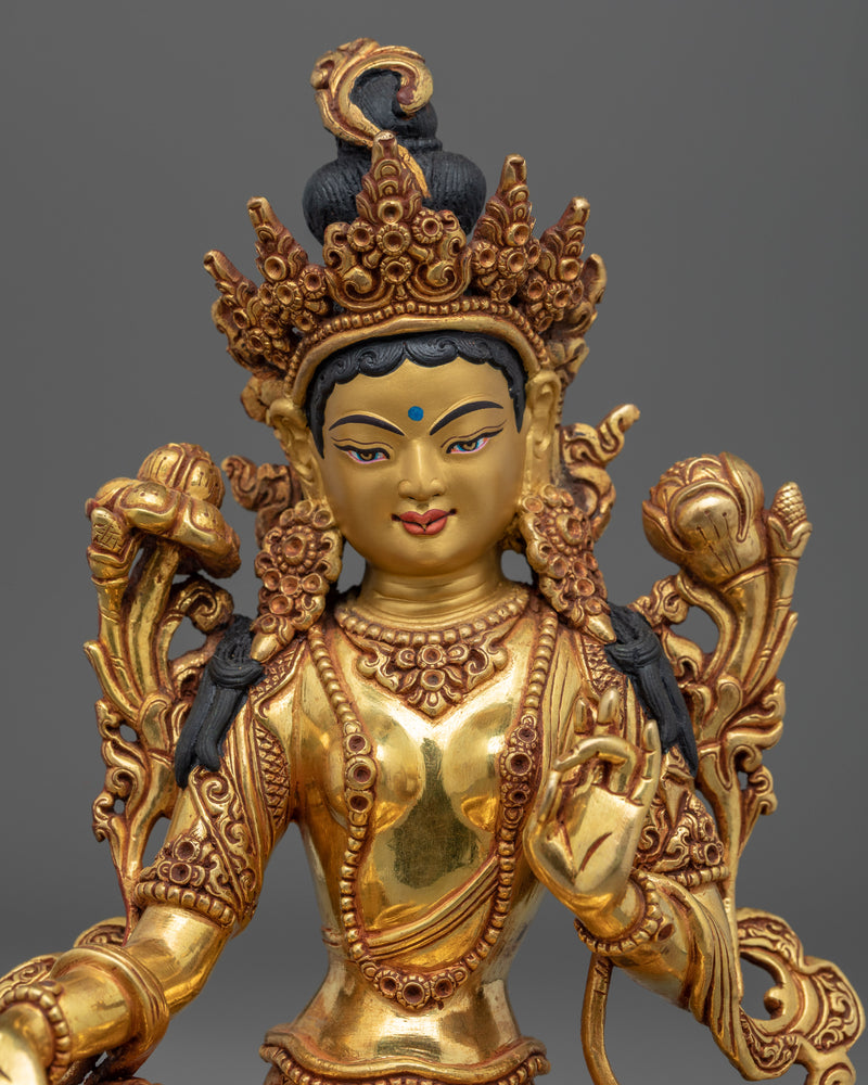 Green Tara, Female Bodhisattva of Compassion Statue | Tibetan Art Plated with Gold