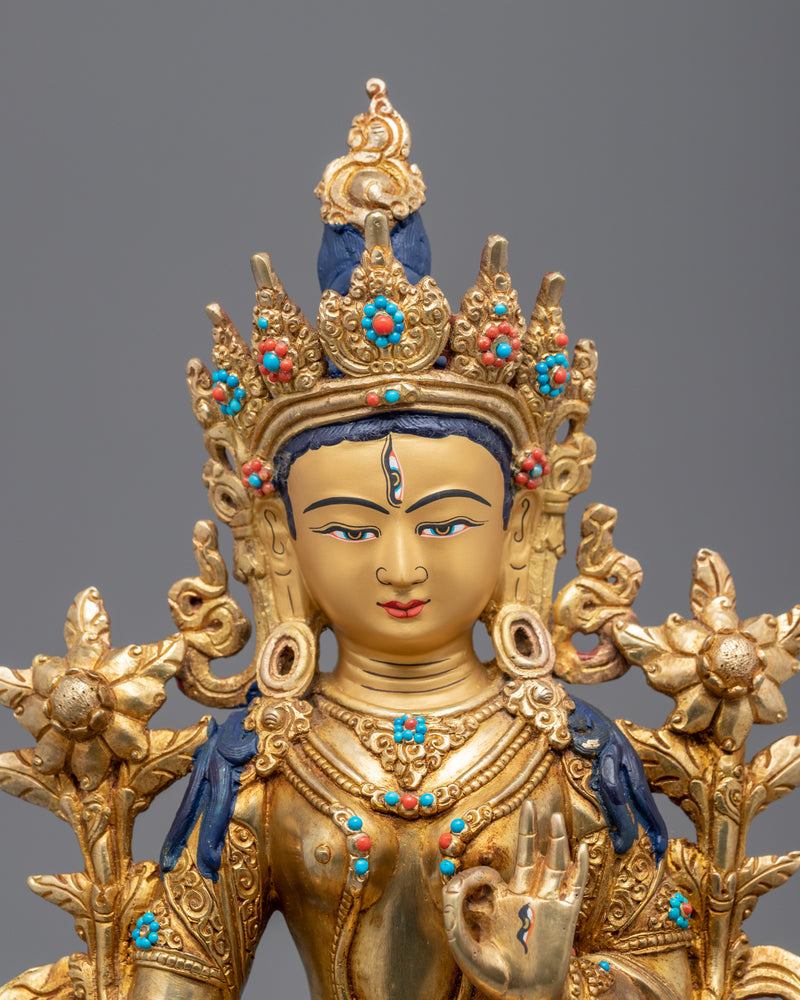 24k Gold Female Bodhisattva of Compassion,  White Tara Statue | Religious Statue for Meditation