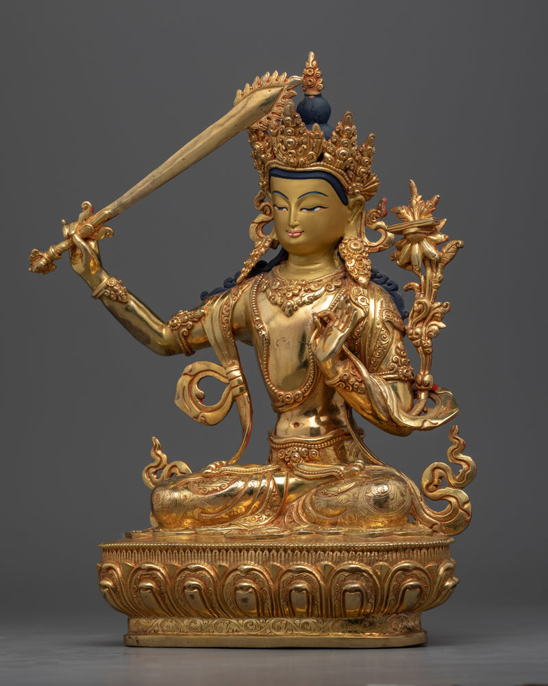 Manjushri Bodhisattva of Wisdom Statue | Gold Gilded Statue of Sword Wielding Bodhisattva