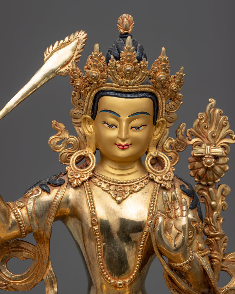 Gold Gilded Manjushri Meditation Practice Statue | Traditional Bodhisattva Art