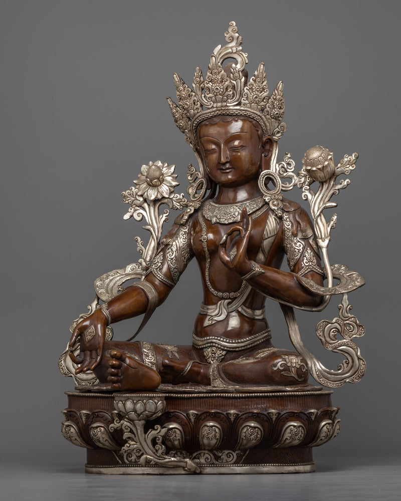 Green Tara Goddess of Compassion | Handmade Sculpture | Silver Plated