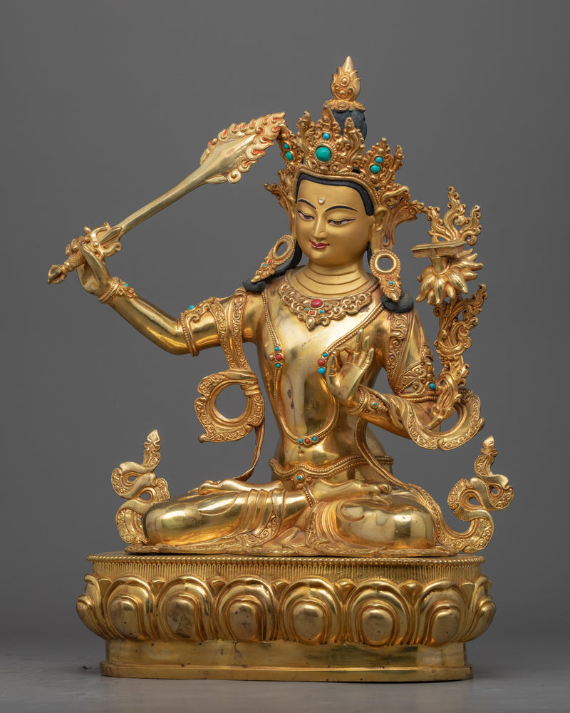 Gold Gilded Manjushri Symbolism Statue | Traditionally Hand-Carved Buddhist Art