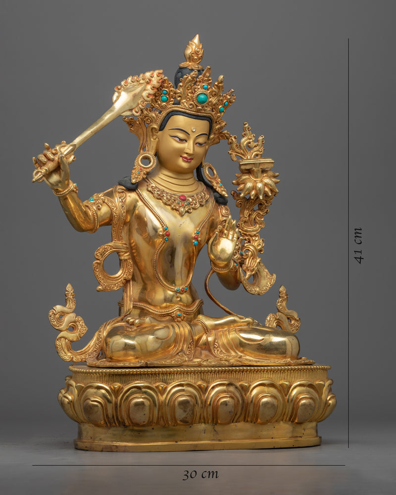 Gold Gilded Manjushri Symbolism Statue | Traditionally Hand-Carved Buddhist Art