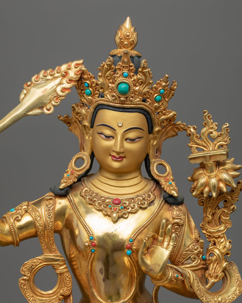 Gold Gilded Manjushri Symbolism Statue | Traditionally Hand-Carved Buddhist Art