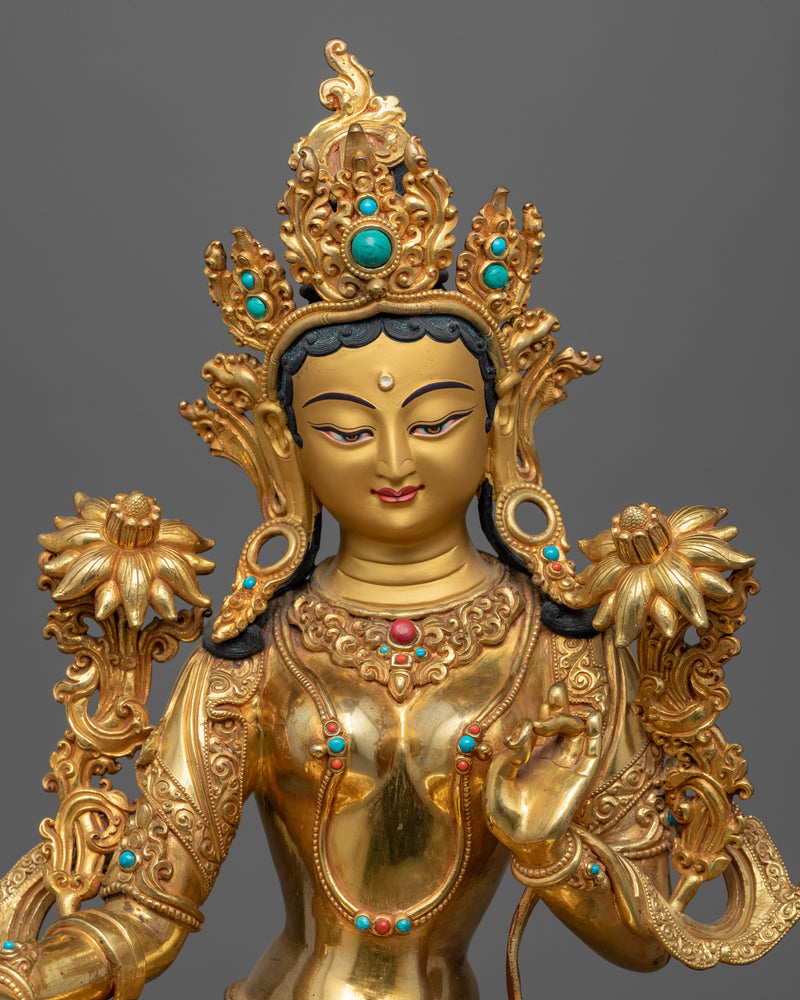 Buddhism Bodhisattva, Green Tara Statue | Gold Gilded Himalayan Art