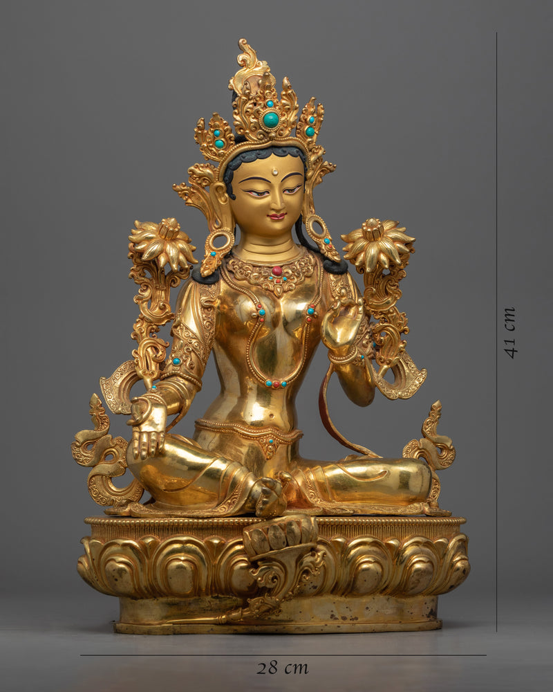 Buddhism Bodhisattva, Green Tara Statue | Gold Gilded Himalayan Art