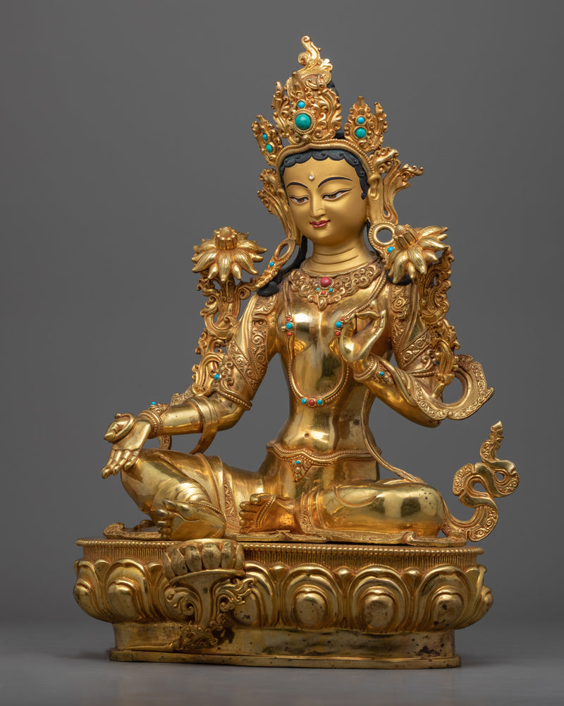 Buddhism Bodhisattva, Green Tara Statue | Gold Gilded Himalayan Art