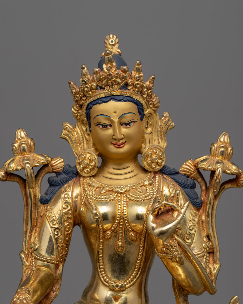 Traditionally Hand Carved Beautiful Green Tara Statue |  Gold-Plated Himalayan Art