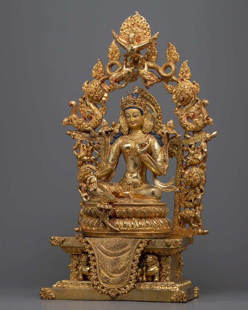 Traditionally Hand Carved Beautiful Green Tara Statue |  Gold-Plated Himalayan Art