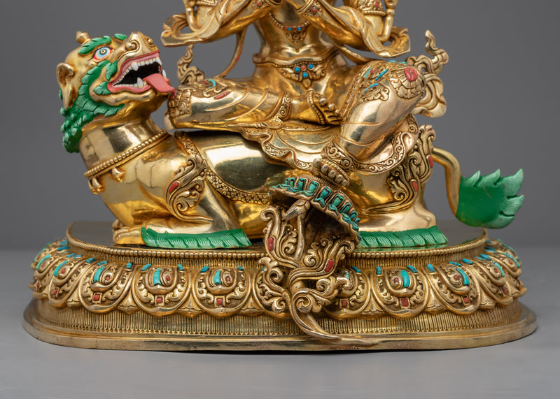 Statue of Bodhisattva Manjushri on Lion | Gold Gilded Buddhist Art