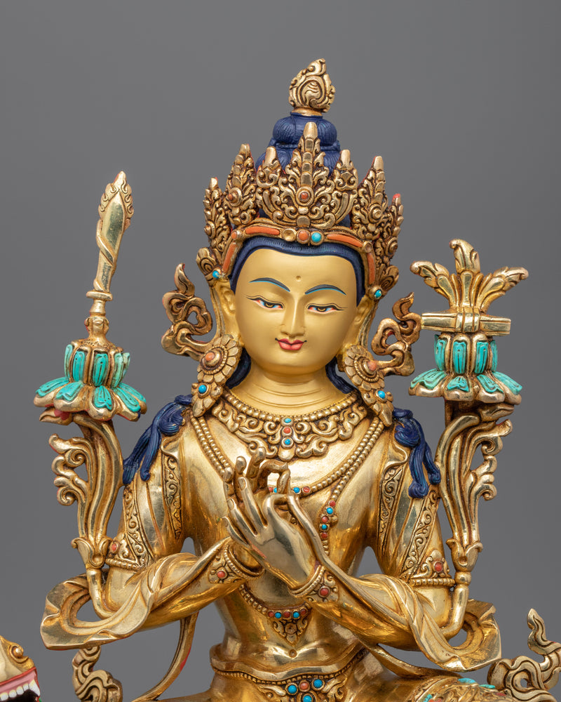 Statue of Bodhisattva Manjushri on Lion | Gold Gilded Buddhist Art