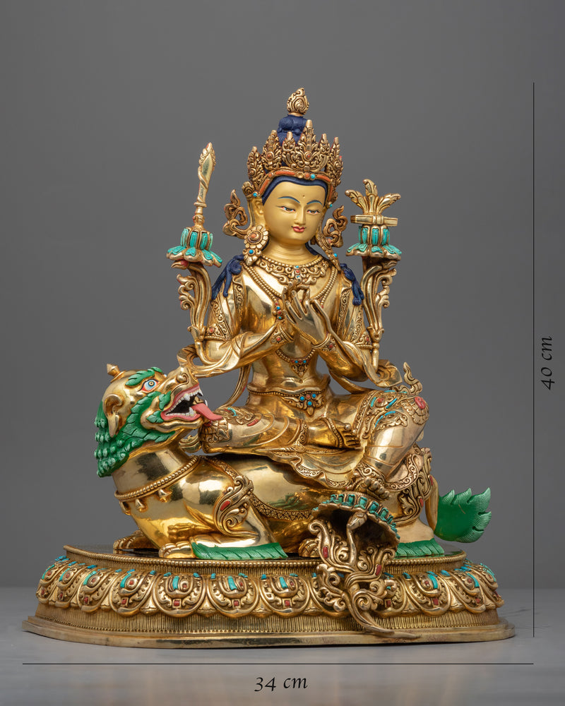 Statue of Bodhisattva Manjushri on Lion | Gold Gilded Buddhist Art