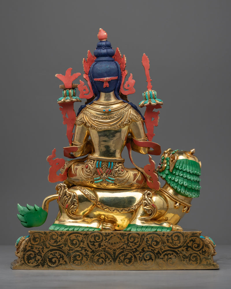 Statue of Bodhisattva Manjushri on Lion | Gold Gilded Buddhist Art