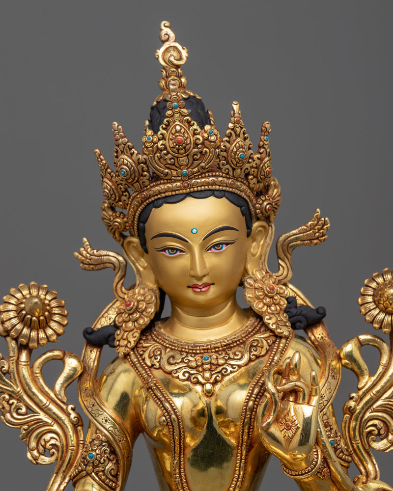 Gold Gilded Statue of Green Tara Bodhisattva | Traditional Female Bodhisattva Statuette