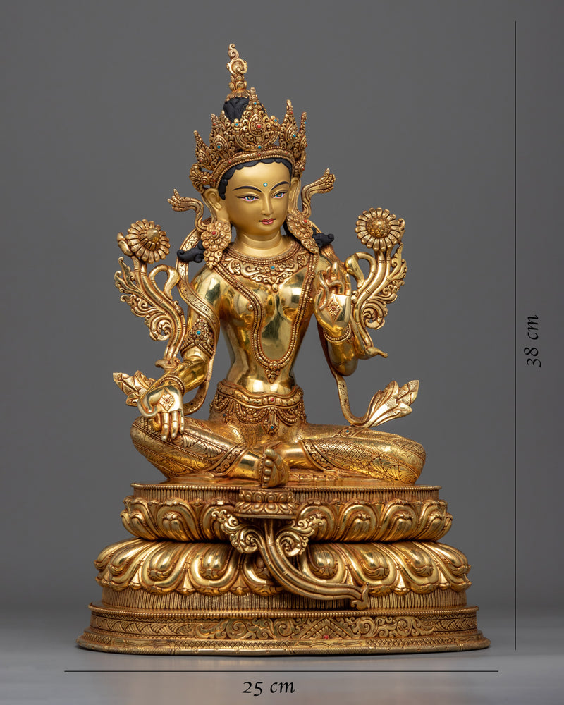 Gold Gilded Statue of Green Tara Bodhisattva | Traditional Female Bodhisattva Statuette