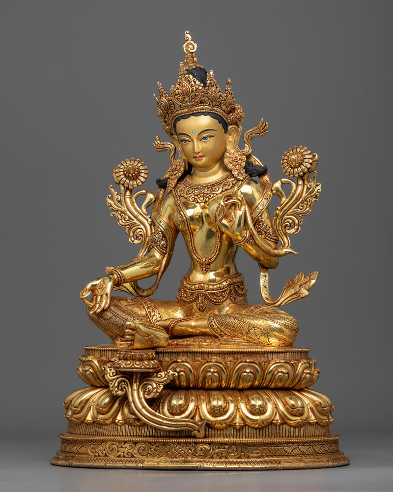 Gold Gilded Statue of Green Tara Bodhisattva | Traditional Female Bodhisattva Statuette