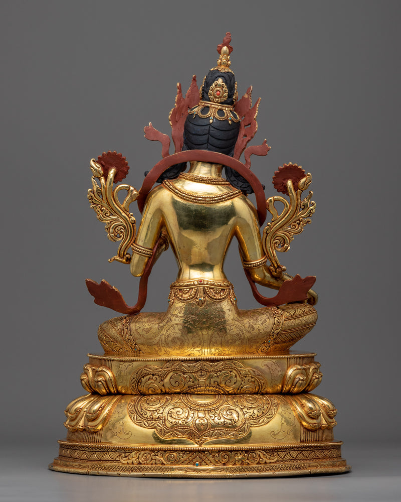 Gold Gilded Statue of Green Tara Bodhisattva | Traditional Female Bodhisattva Statuette