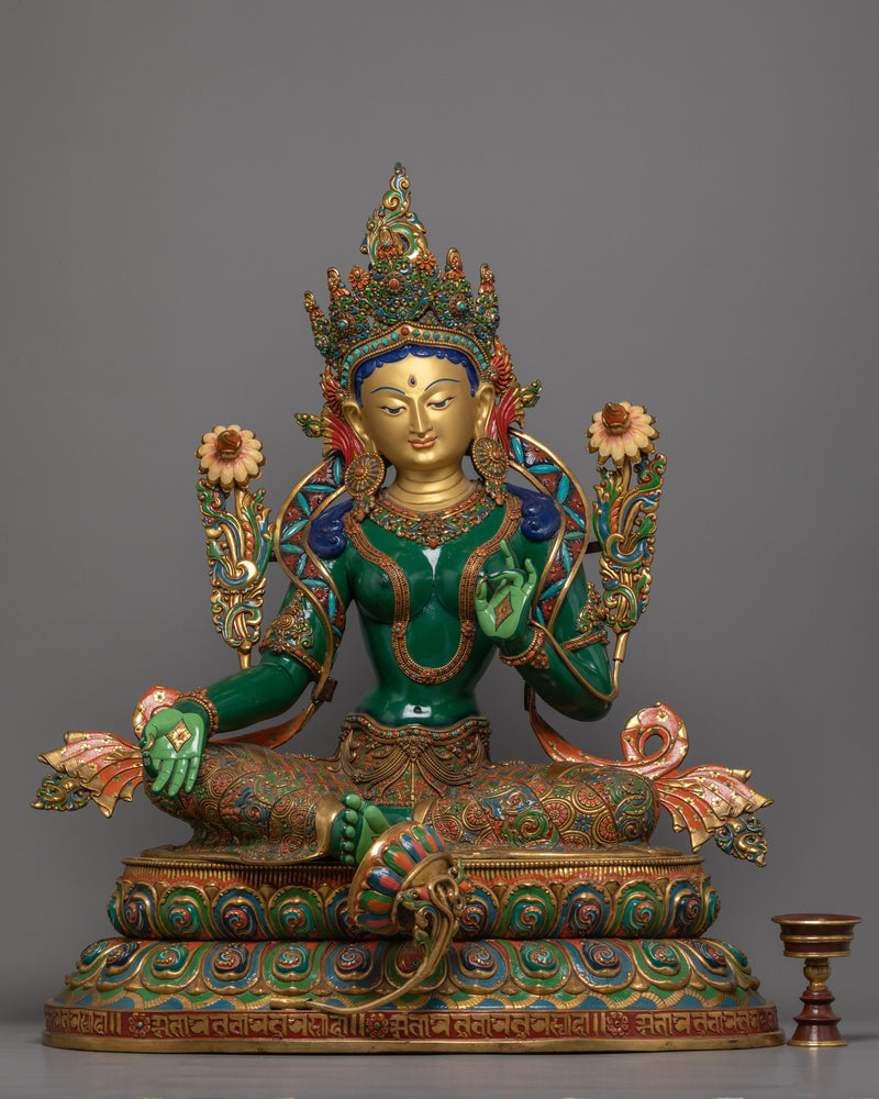 Beautiful Green Tara Statue Gilded in Gold | Traditional Himalayan Buddhist Art