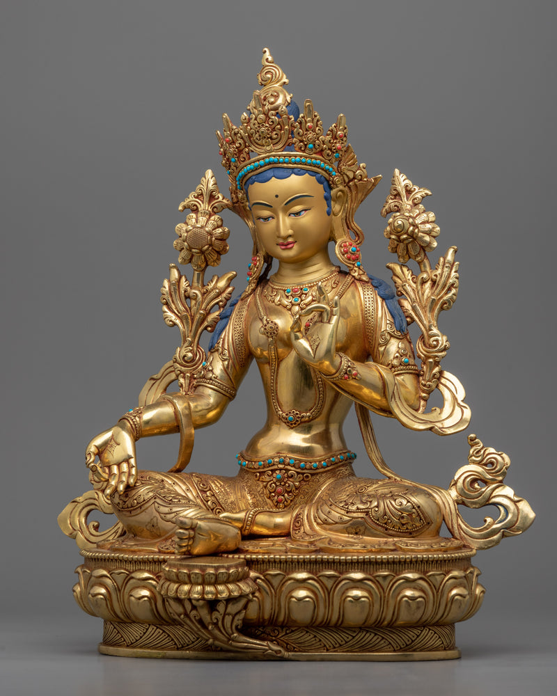 Green Tara Female Bodhisattva Statue | Intricate Hand Carved Buddhist Statue