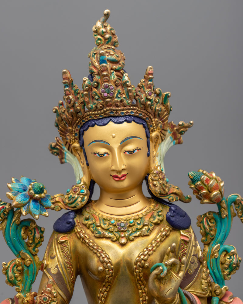 Gold Gilded Green Tara Mudra Sculpture | Traditional Buddhist Artwork