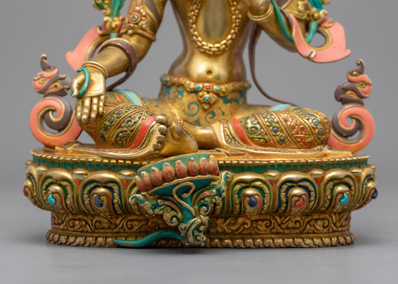 Gold Gilded Green Tara Mudra Sculpture | Traditional Buddhist Artwork