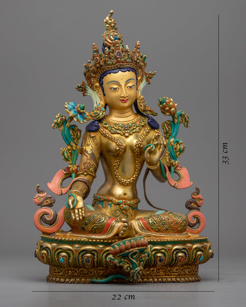 Gold Gilded Green Tara Mudra Sculpture | Traditional Buddhist Artwork