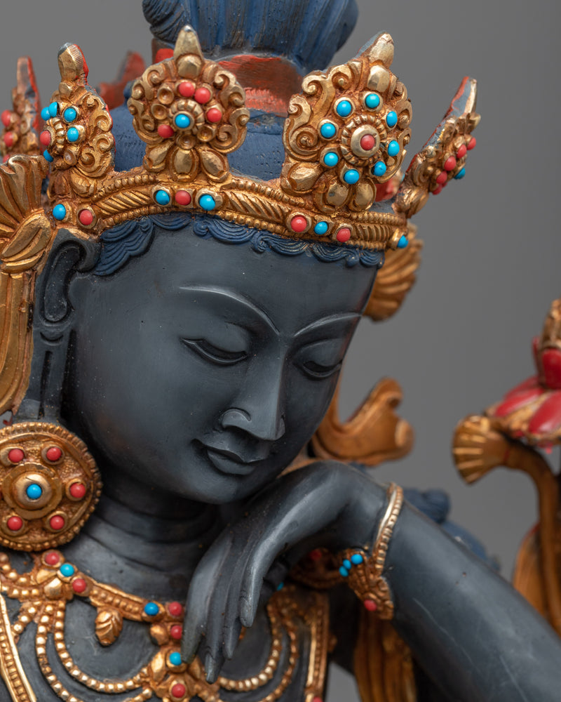 Hand Carved Statue of Chenrezig Gilded in Gold | Traditional Handcrafted Buddhist Art