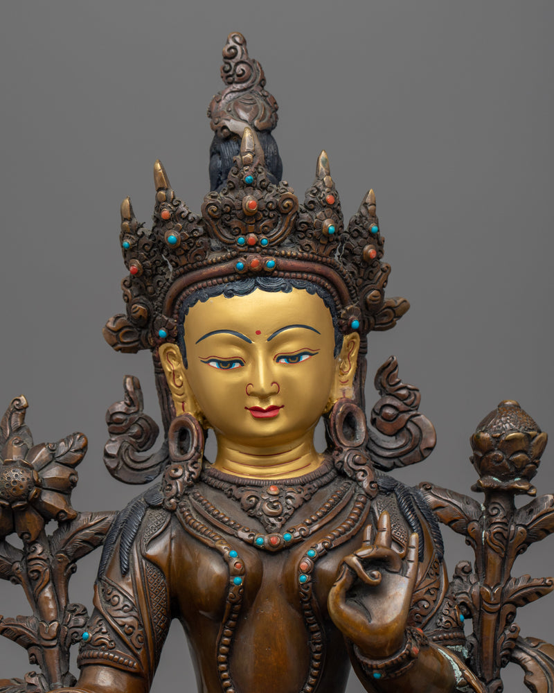 The Green Tara Statue | Gold Gilded Female Bodhisattva Statue for Meditation