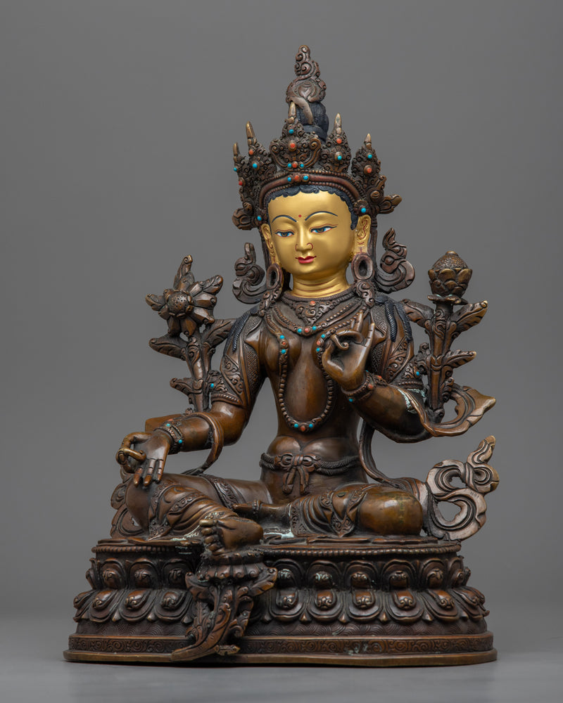 The Green Tara Statue | Gold Gilded Female Bodhisattva Statue for Meditation