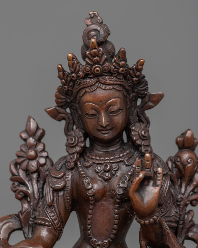 Green Tara Buddha Oxidized Copper Sculpture | Buddhist Statue for Prosperity