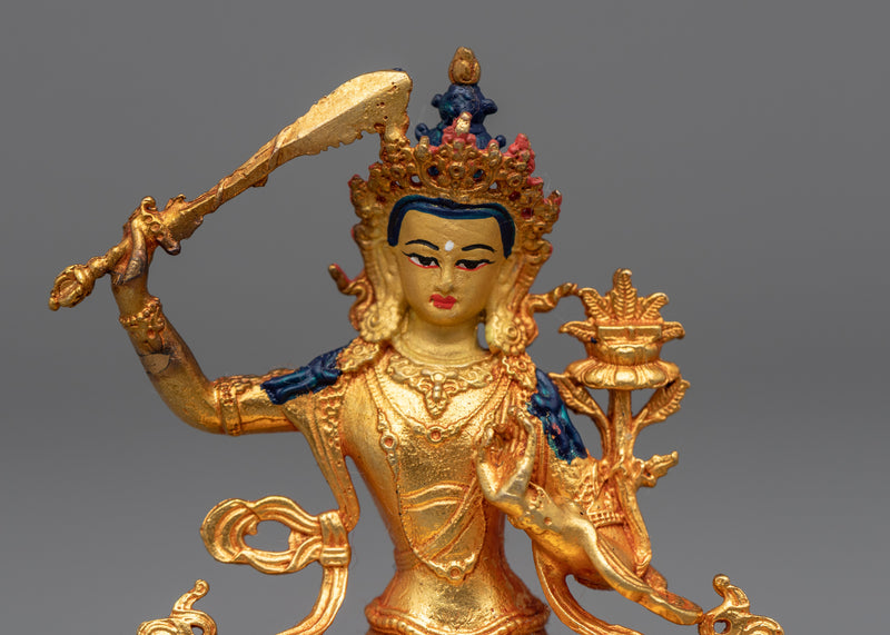 Machine-Made Manjushri Bodhisattva Statue | Buddhist Gold Gilded Copper Statue