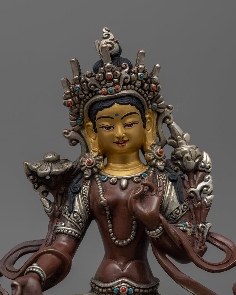 Gold Gilded Statue of the Green Tara | Oxidized Copper Buddhist Artwork