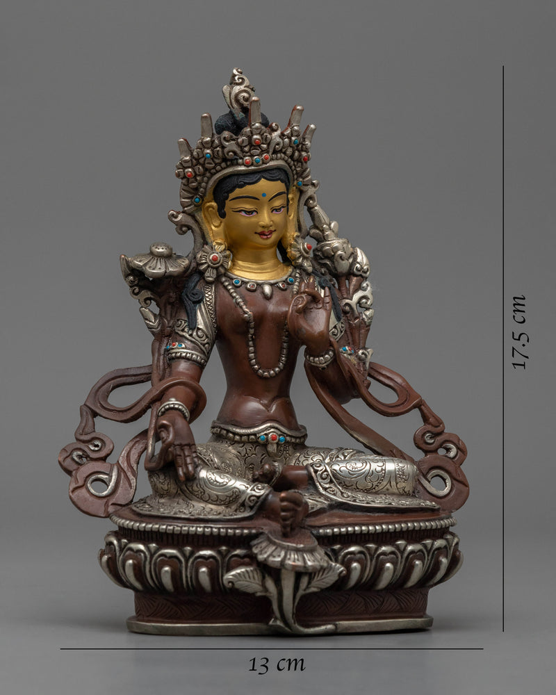 Gold Gilded Statue of the Green Tara | Oxidized Copper Buddhist Artwork