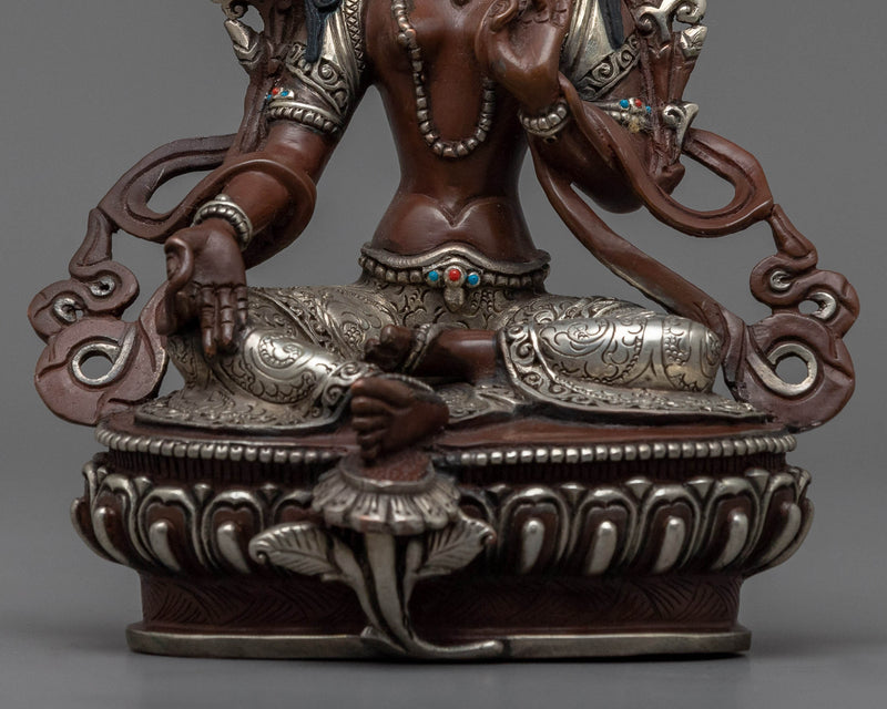 Gold Gilded Statue of the Green Tara | Oxidized Copper Buddhist Artwork