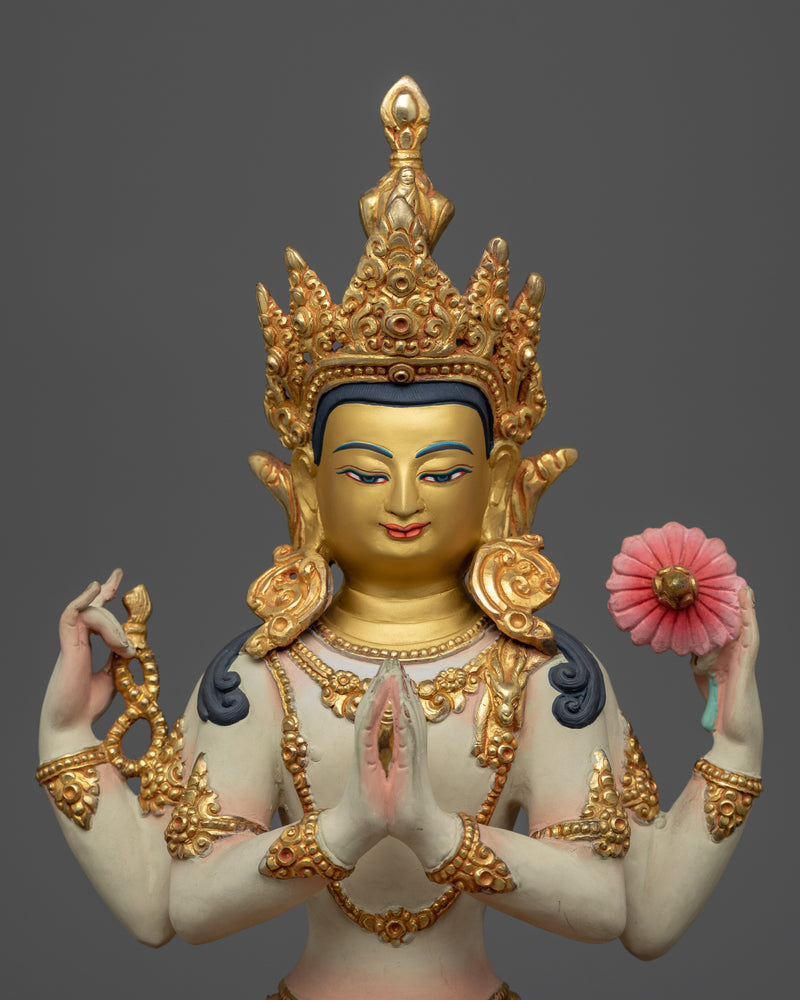 Chenrezig Lord of Love Statue | 24k Gold Gilded & Detailed Acrylic Paintings