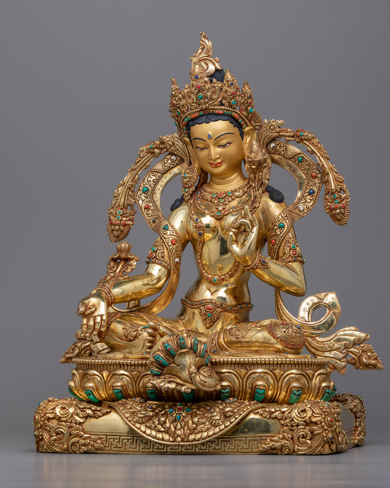 Embrace Protection with the Statue of Tara Green | Himalayan 24k Gold Gilded Art