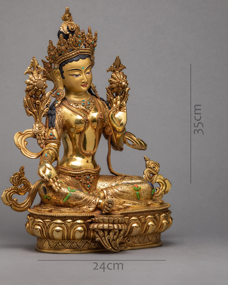 Green Tara Statue | Plated With Gold Tibetan Sculpture