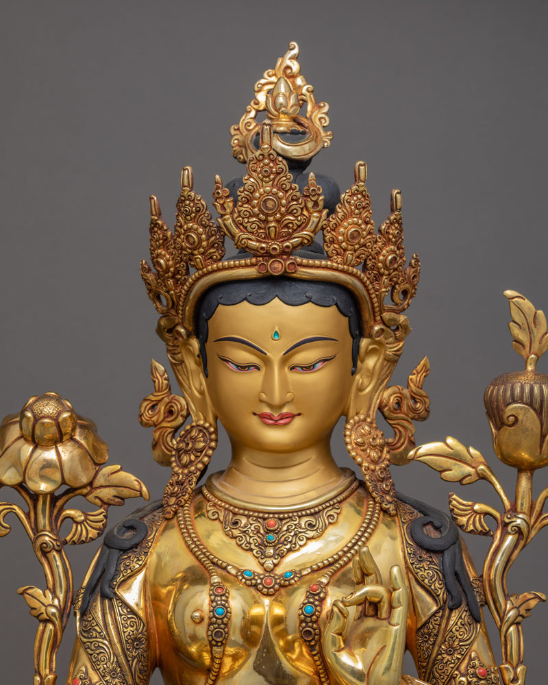 Green Tara Female Buddha Statue, Himalayan Hand-carved Artwork