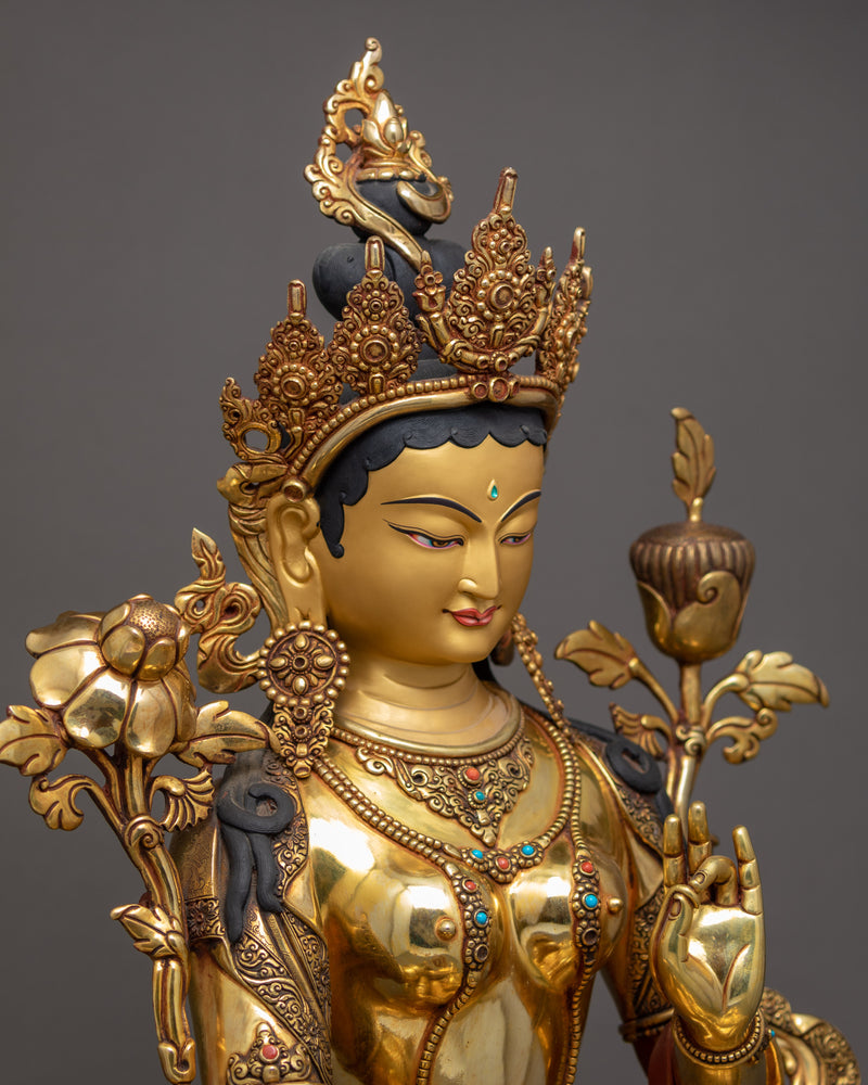 Green Tara Female Buddha Statue, Himalayan Hand-carved Artwork