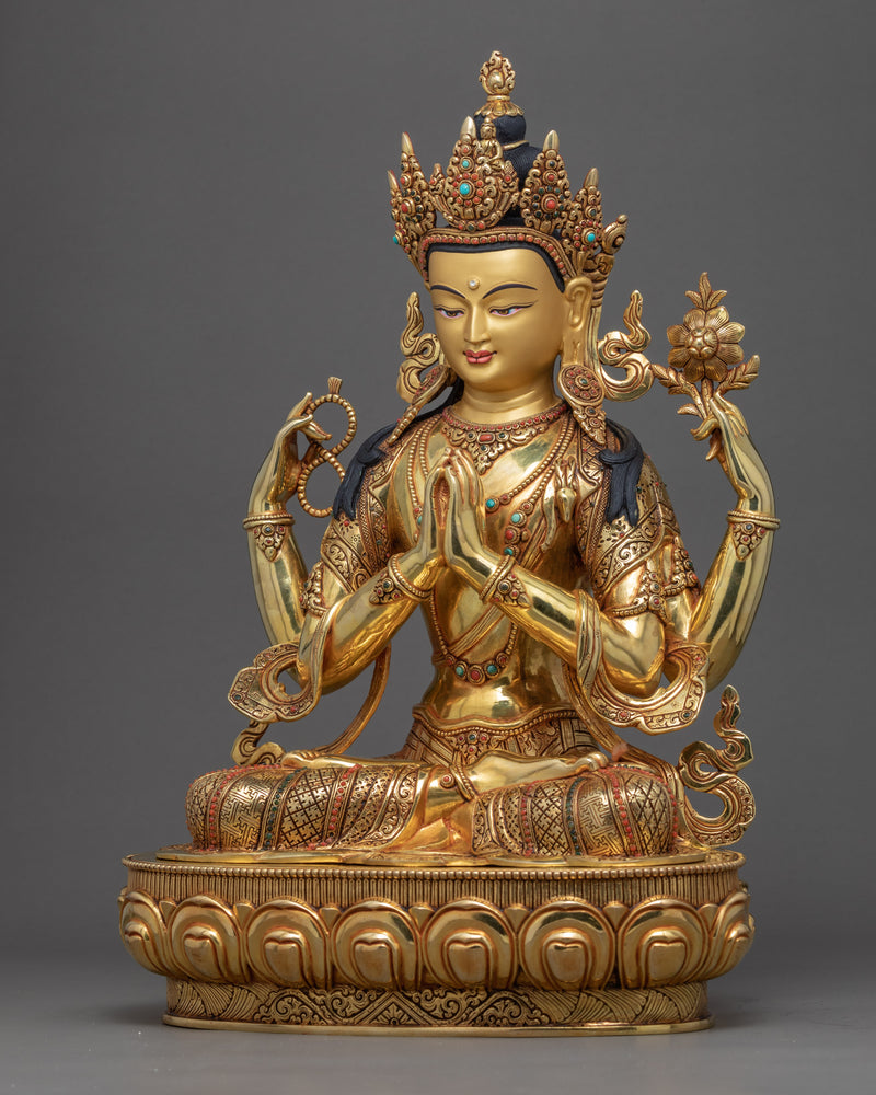 Four Arm Chenrezig Sculpture | Avalokiteshvara Hand Made Artwork In Nepal