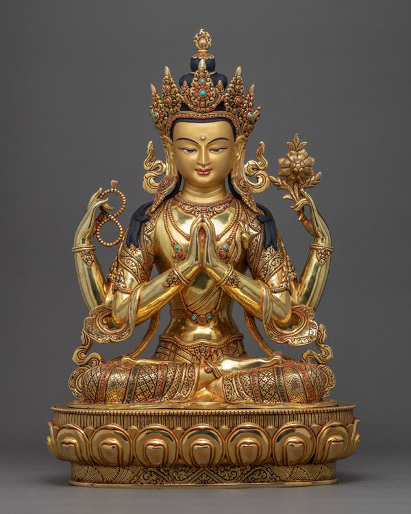 Four Arm Chenrezig Sculpture | Avalokiteshvara Hand Made Artwork In Nepal