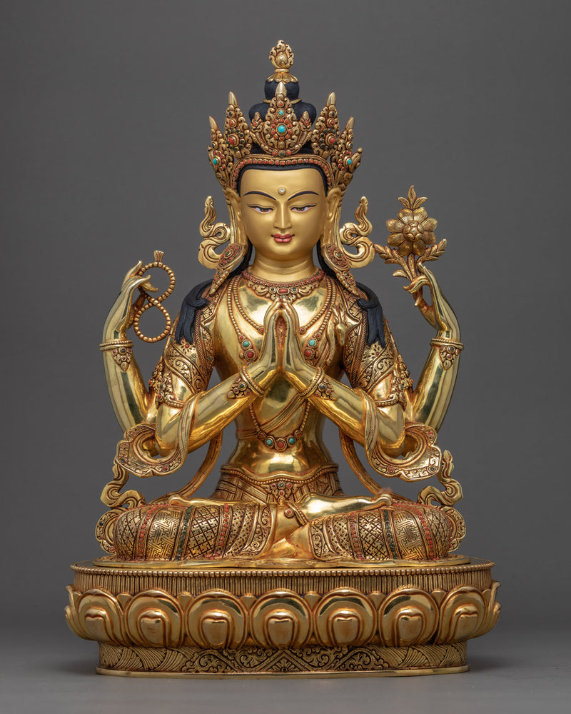 Four Arm Chenrezig Sculpture | Avalokiteshvara Hand Made Artwork In Nepal